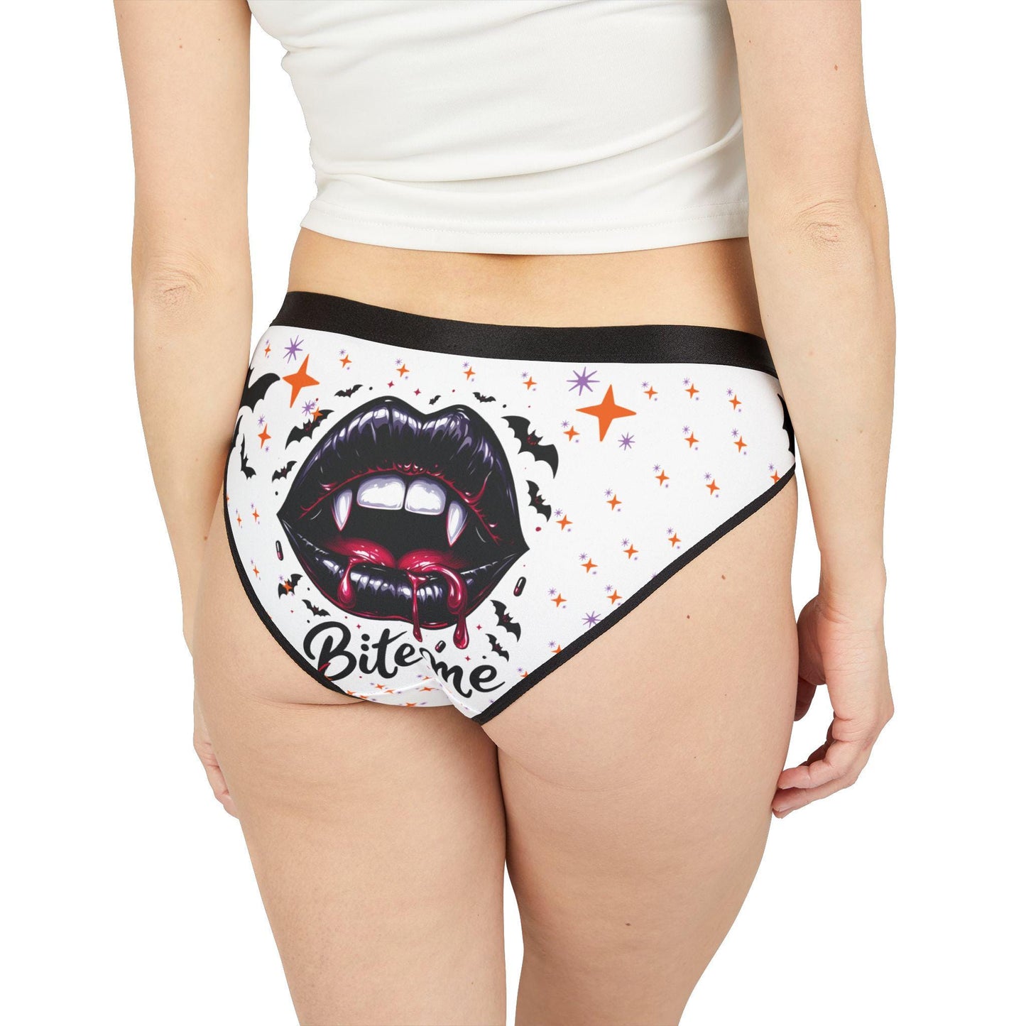 Bite Me Halloween Panties, Spooky Vampire Lips Underwear, Cute Goth black and white briefs, Gift for Women