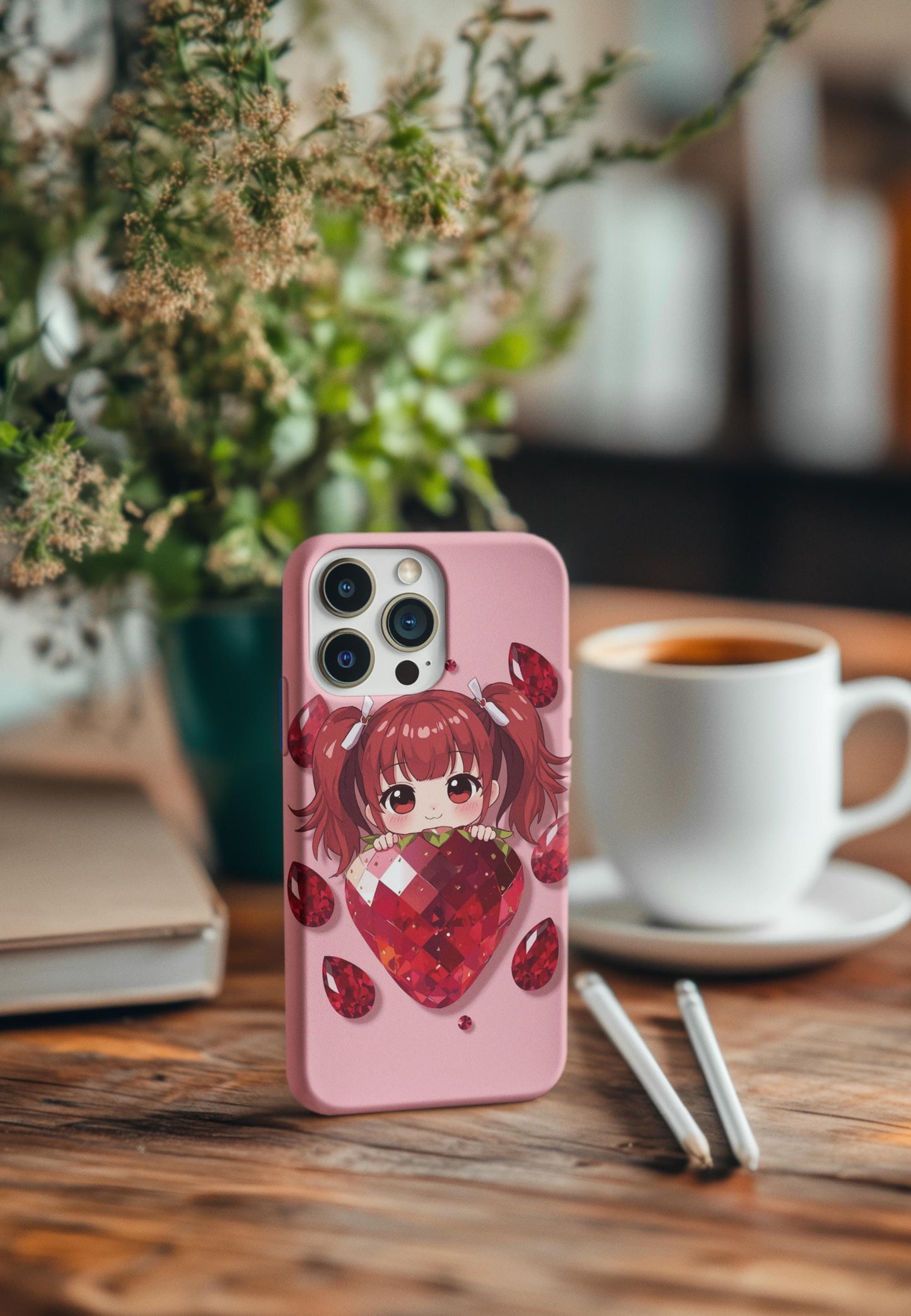 Kawaii Strawberry Girl iPhone 14 Case, Cute Pink Phone Cover | Stained Glass Aesthetic, Tough Phone Case, Fun Gift for Teens
