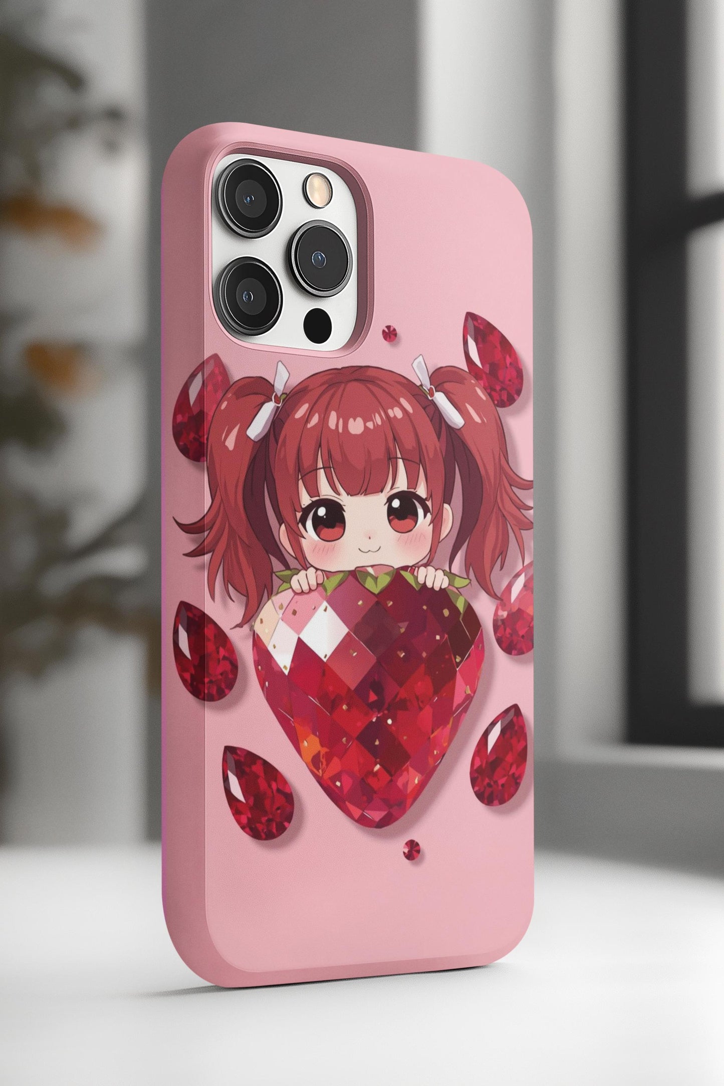 Kawaii Strawberry Girl iPhone 14 Case, Cute Pink Phone Cover | Stained Glass Aesthetic, Tough Phone Case, Fun Gift for Teens
