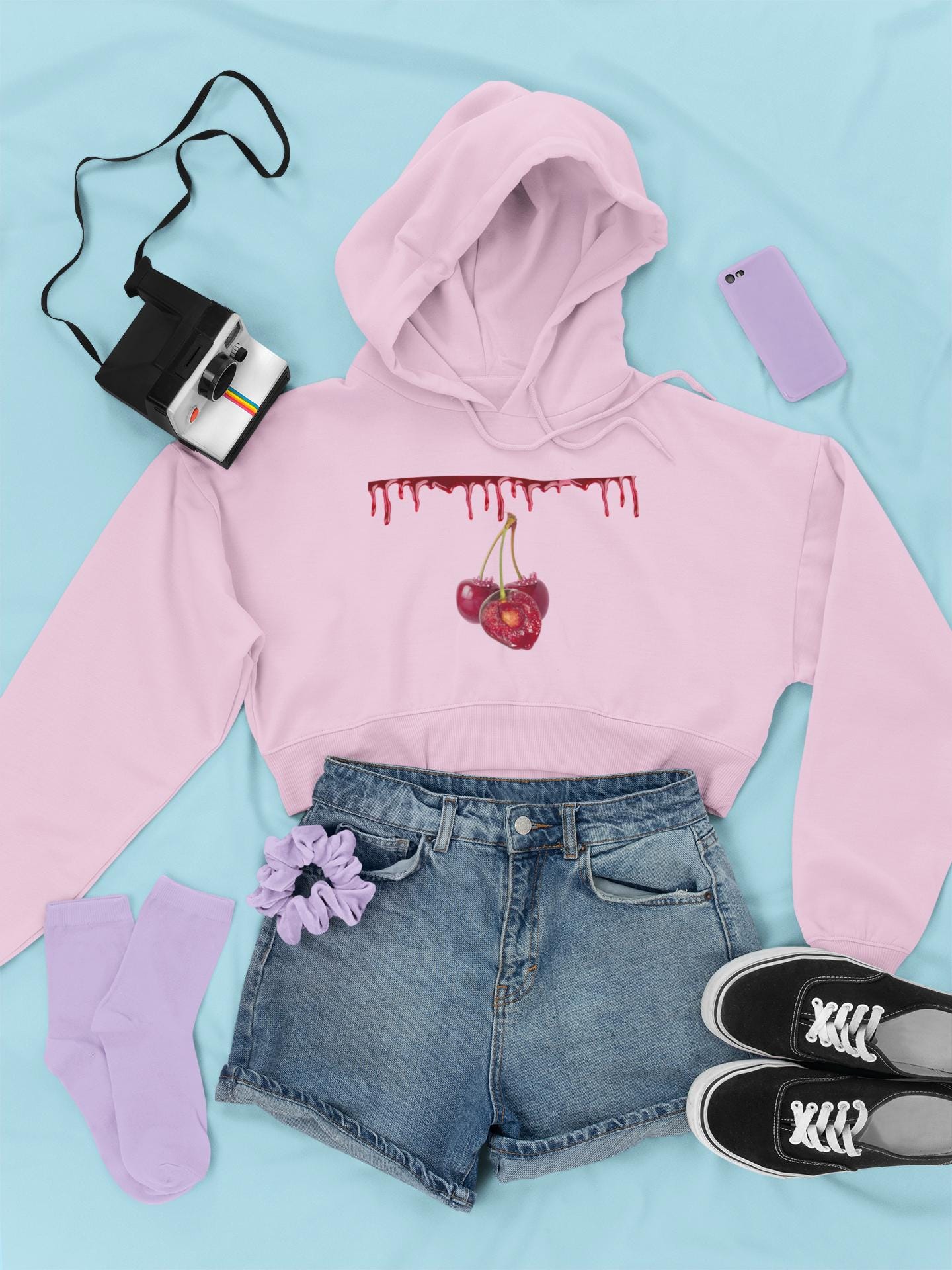 Pastel Pink Hoodie: Dripping Red Cherries, Unisex Streetwear