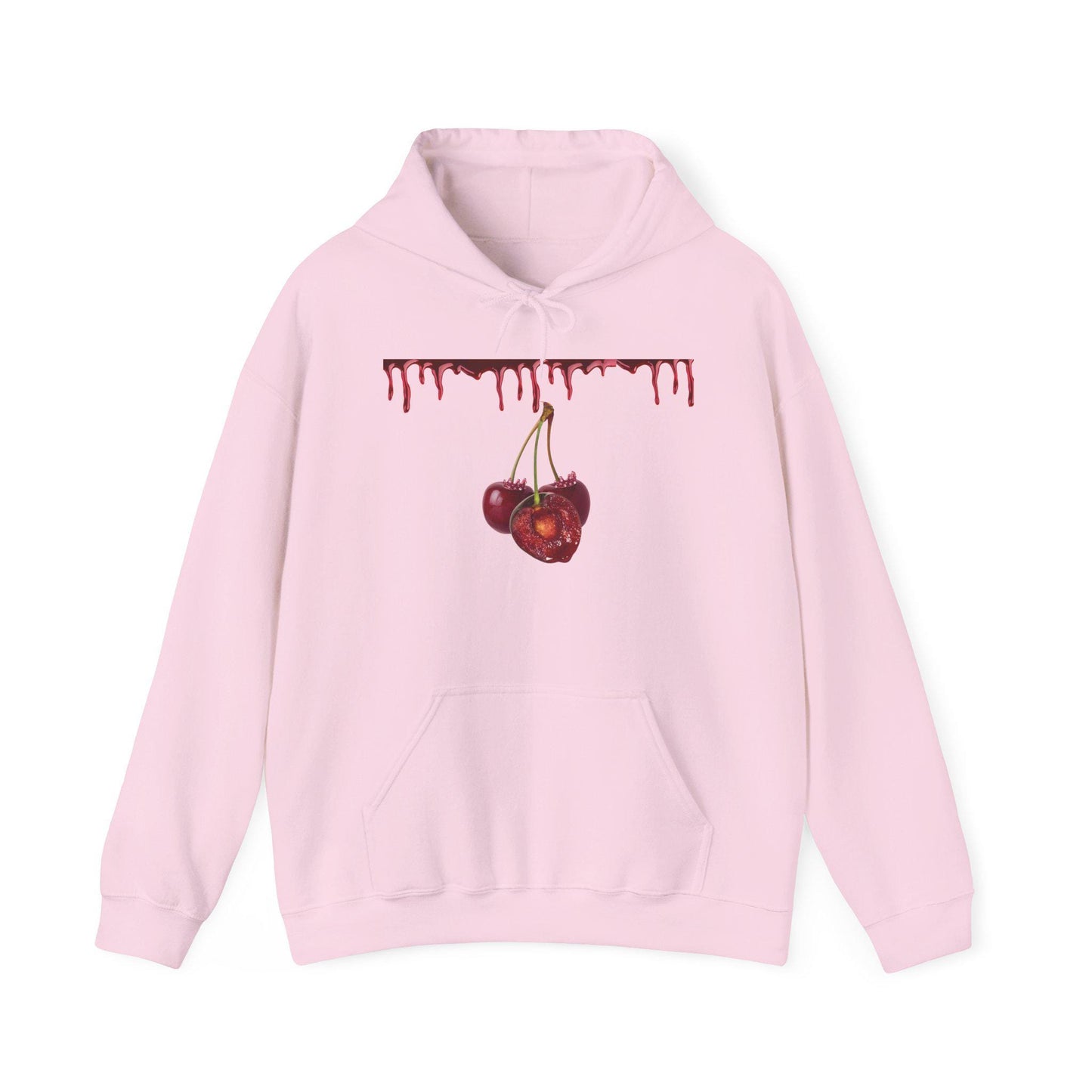Pastel Pink Hoodie: Dripping Red Cherries, Unisex Streetwear
