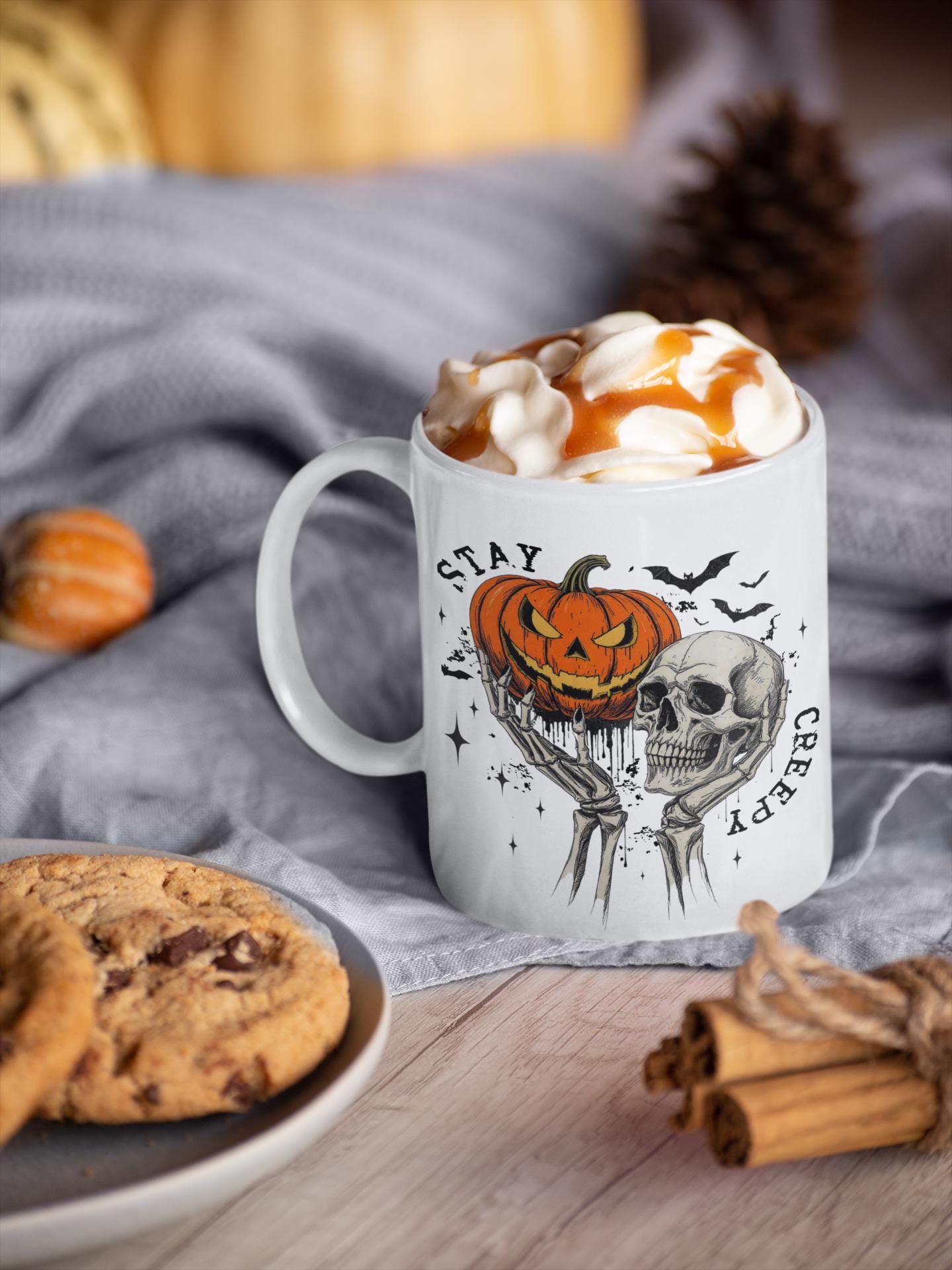 Spooky Halloween Mug, Skull and Pumpkin Design. Autumn Vibes Cup, Fall Decor, Halloween Kitchen