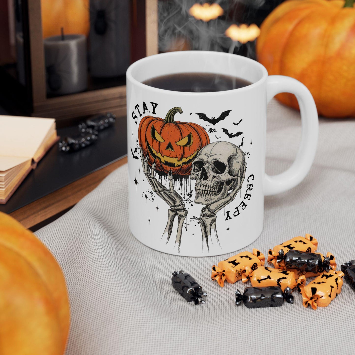 Spooky Halloween Mug, Skull and Pumpkin Design. Autumn Vibes Cup, Fall Decor, Halloween Kitchen