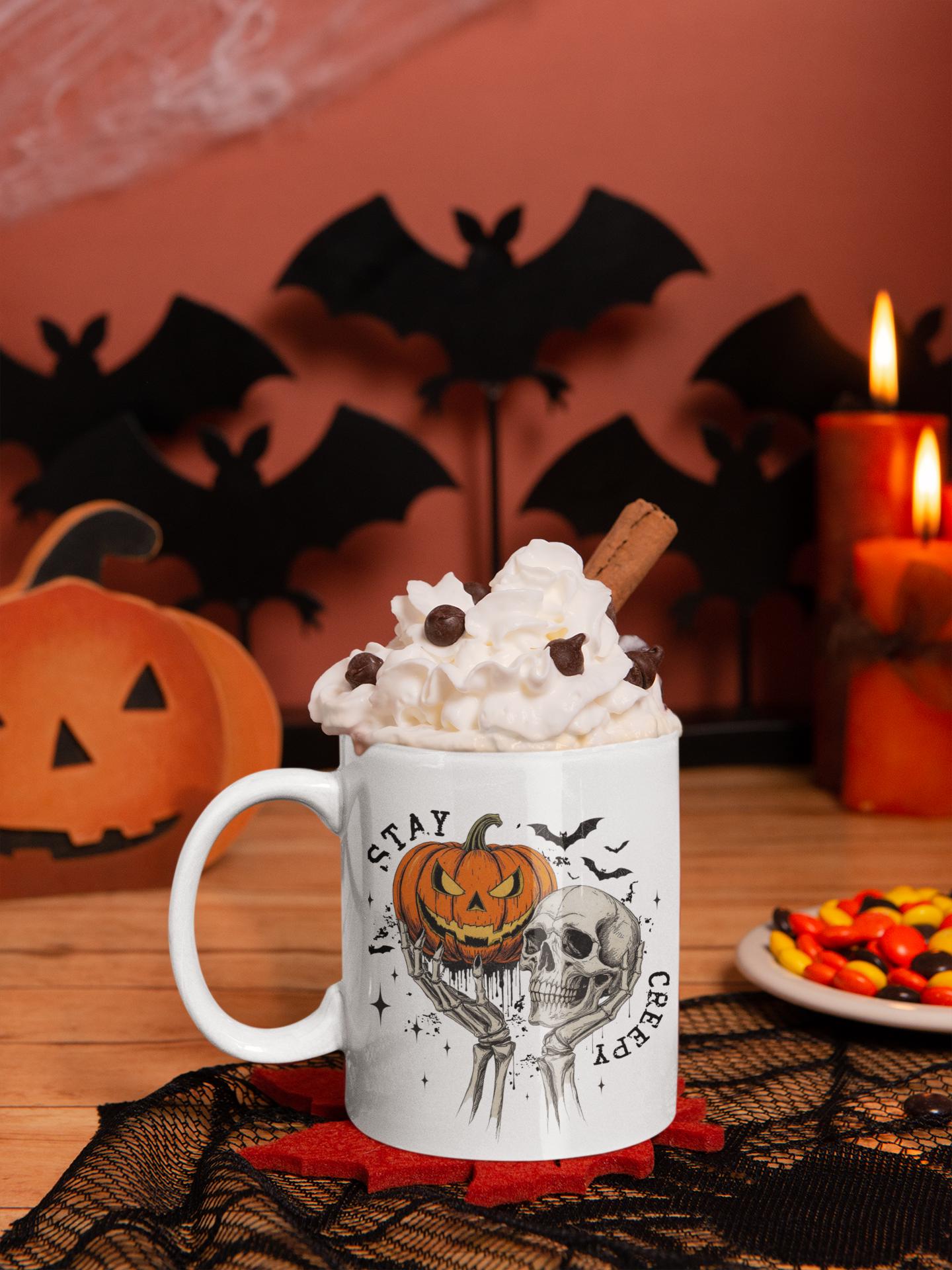 Spooky Halloween Mug, Skull and Pumpkin Design. Autumn Vibes Cup, Fall Decor, Halloween Kitchen