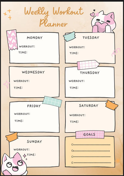 Feline Fitness Tracker: Weekly Cat-Themed Workout Planner PDF Download for Goal Setting