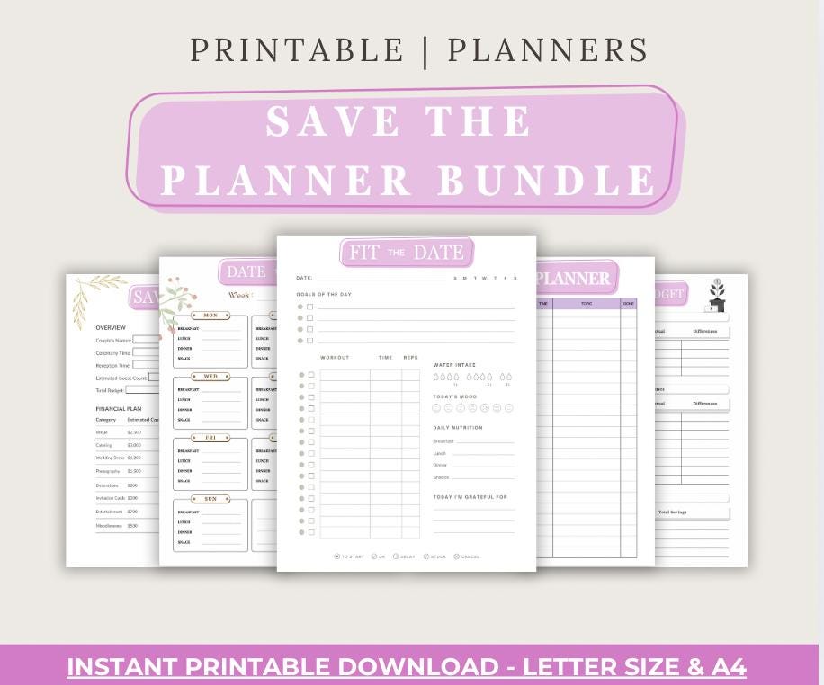 Comprehensive Digital Planner Bundle: Life, Fitness, Budget, Wedding & Meal Templates (Editable in Canva)