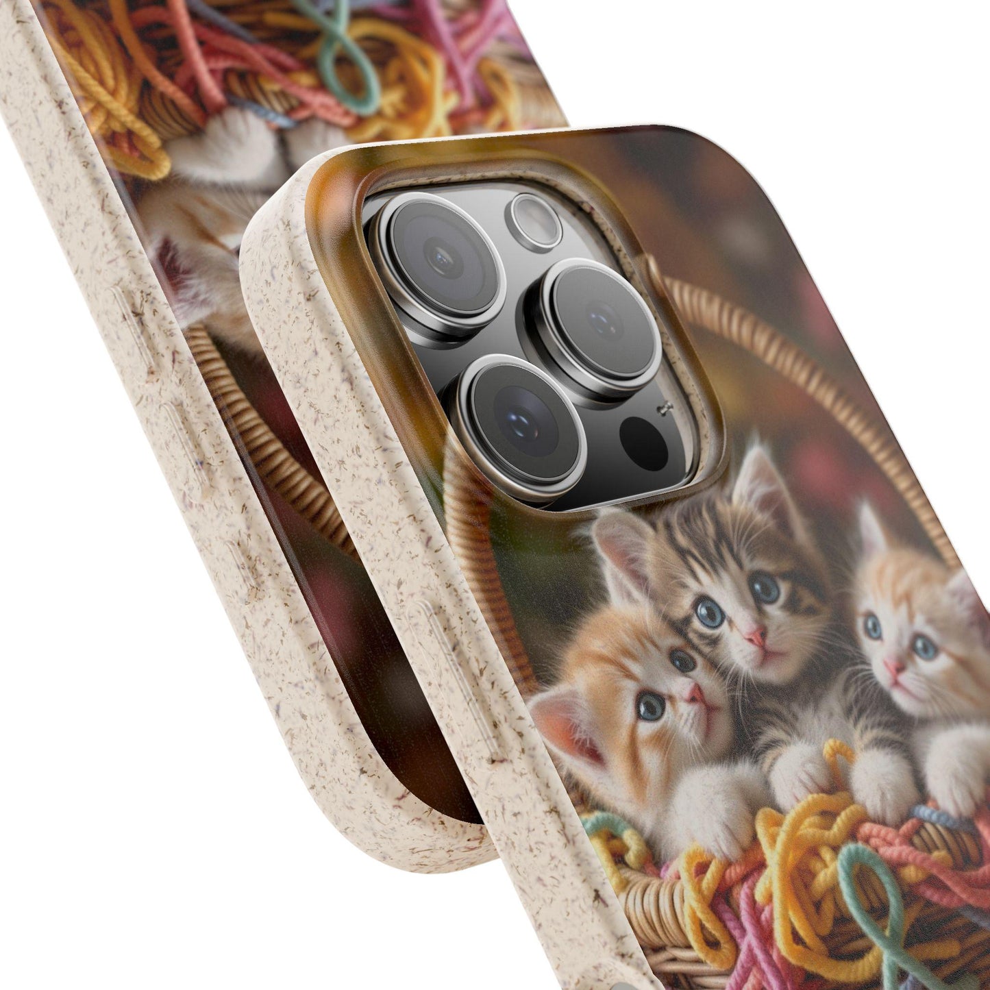 Eco Friendly Kittens in a basket with yarn. Adorable Eco Phone Case for Cat lovers