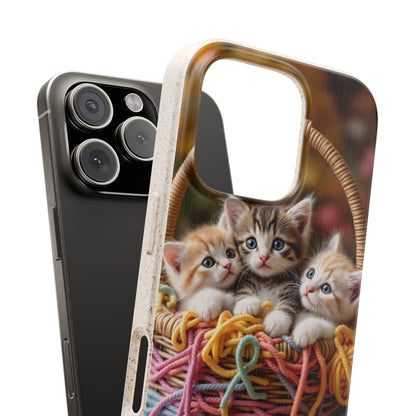 Eco Friendly Kittens in a basket with yarn. Adorable Eco Phone Case for Cat lovers