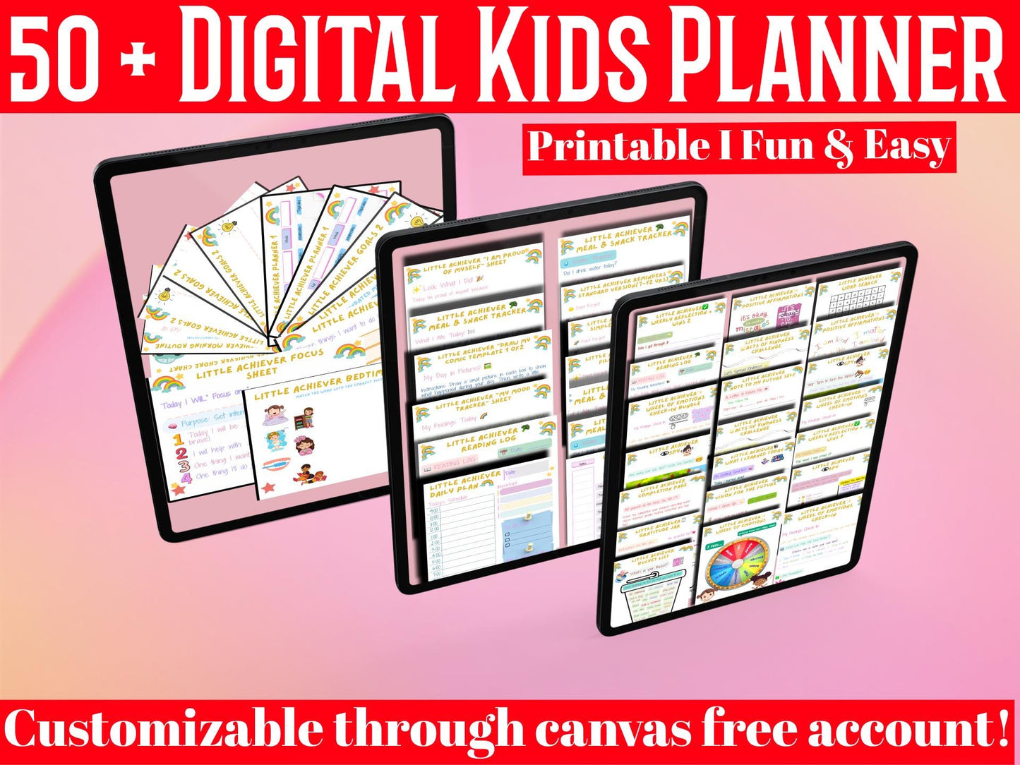 Digital Little Achiever Planner Bundle, 50+ Digital or Printable Templates. Editable Canva Template.