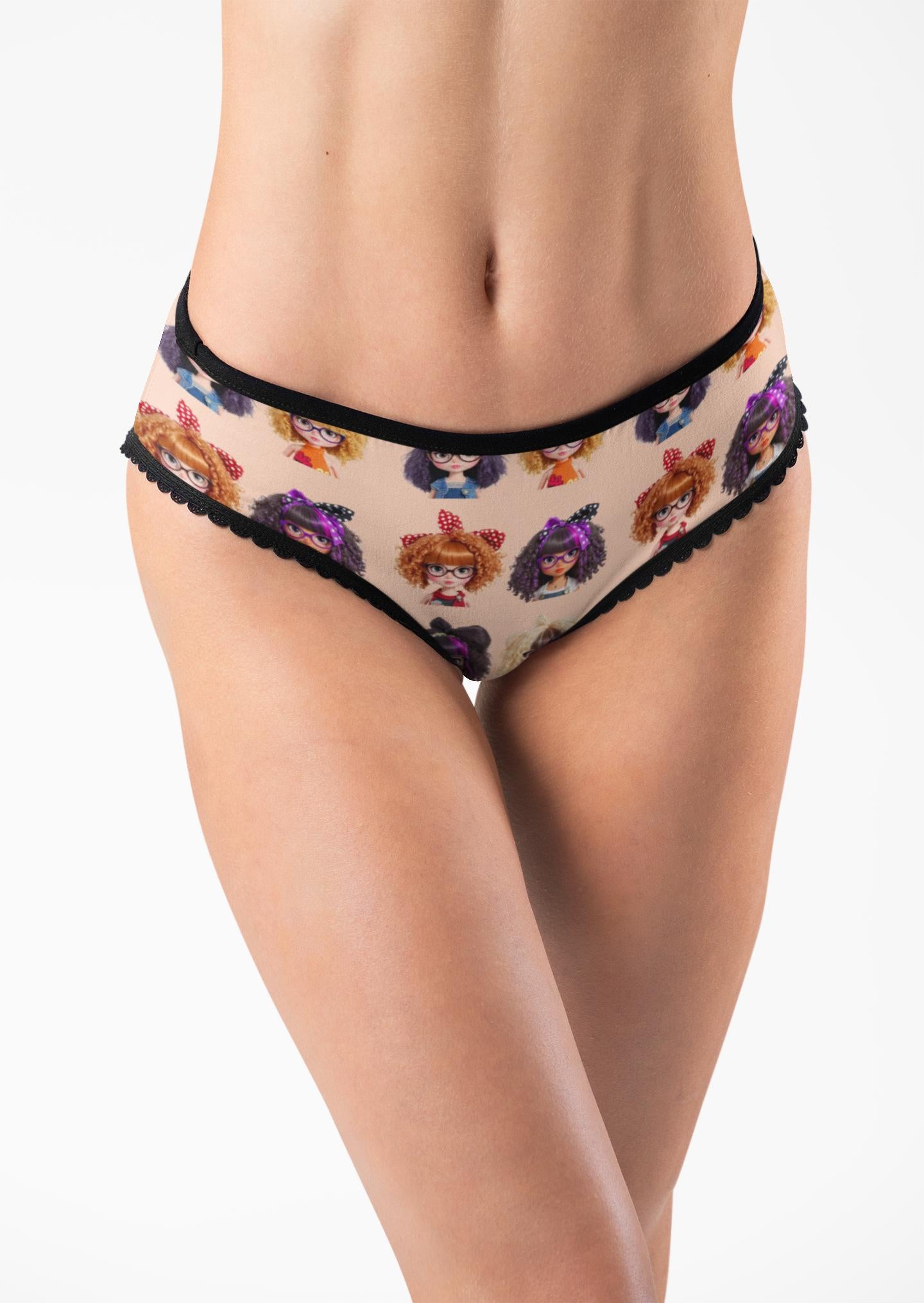 Thong Kawaii Doll Print- CurliPop Crew - Cute Nerdy Girls Underwear, Trendy Dolls, Big Hair Short Glasses, Cute Nerdy Girls Gift,
