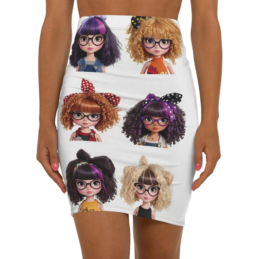 Women Pencil Skirt Kawaii Doll Print, Cute Skirt for Fashion Lovers, Trendy AOP Skirt, Big Hair Short Glasses, Cute Nerdy Girls Gift,