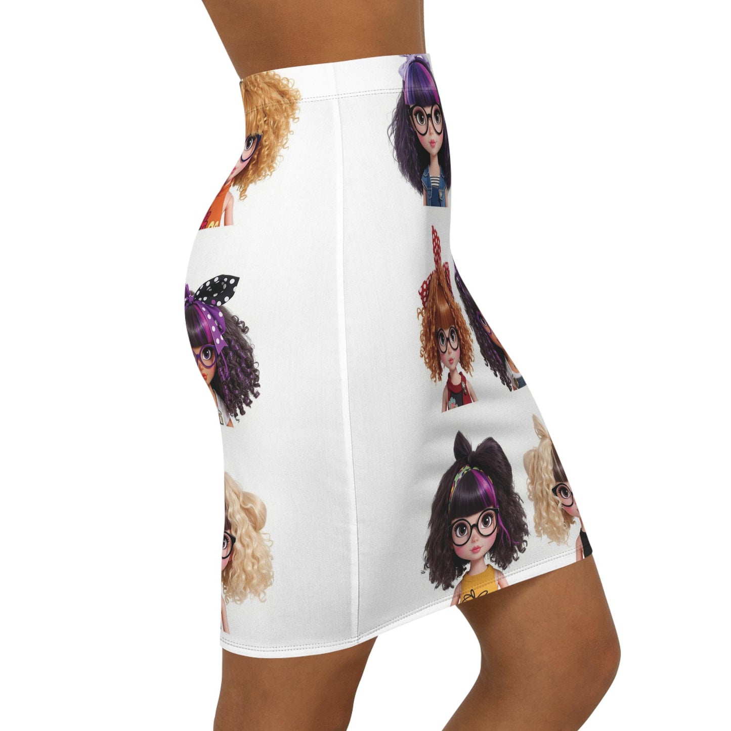Women Pencil Skirt Kawaii Doll Print, Cute Skirt for Fashion Lovers, Trendy AOP Skirt, Big Hair Short Glasses, Cute Nerdy Girls Gift,