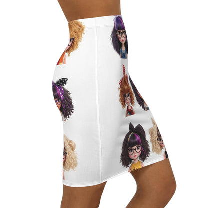 Women Pencil Skirt Kawaii Doll Print, Cute Skirt for Fashion Lovers, Trendy AOP Skirt, Big Hair Short Glasses, Cute Nerdy Girls Gift,