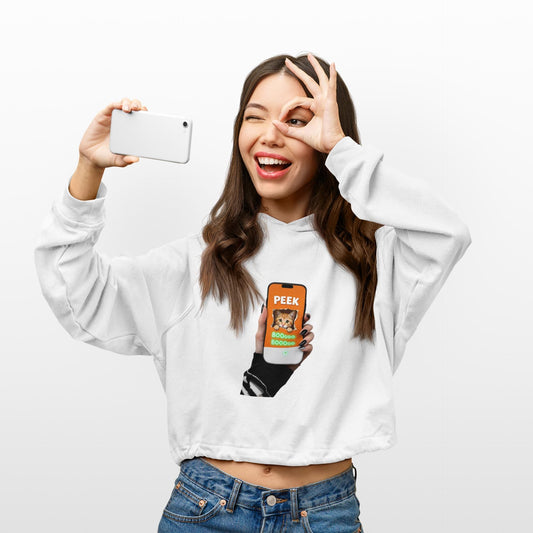 Glow-in-the-Dark Peek-a-Boo Cat Cropped Hoodie: Spooky Halloween Sweatshirt