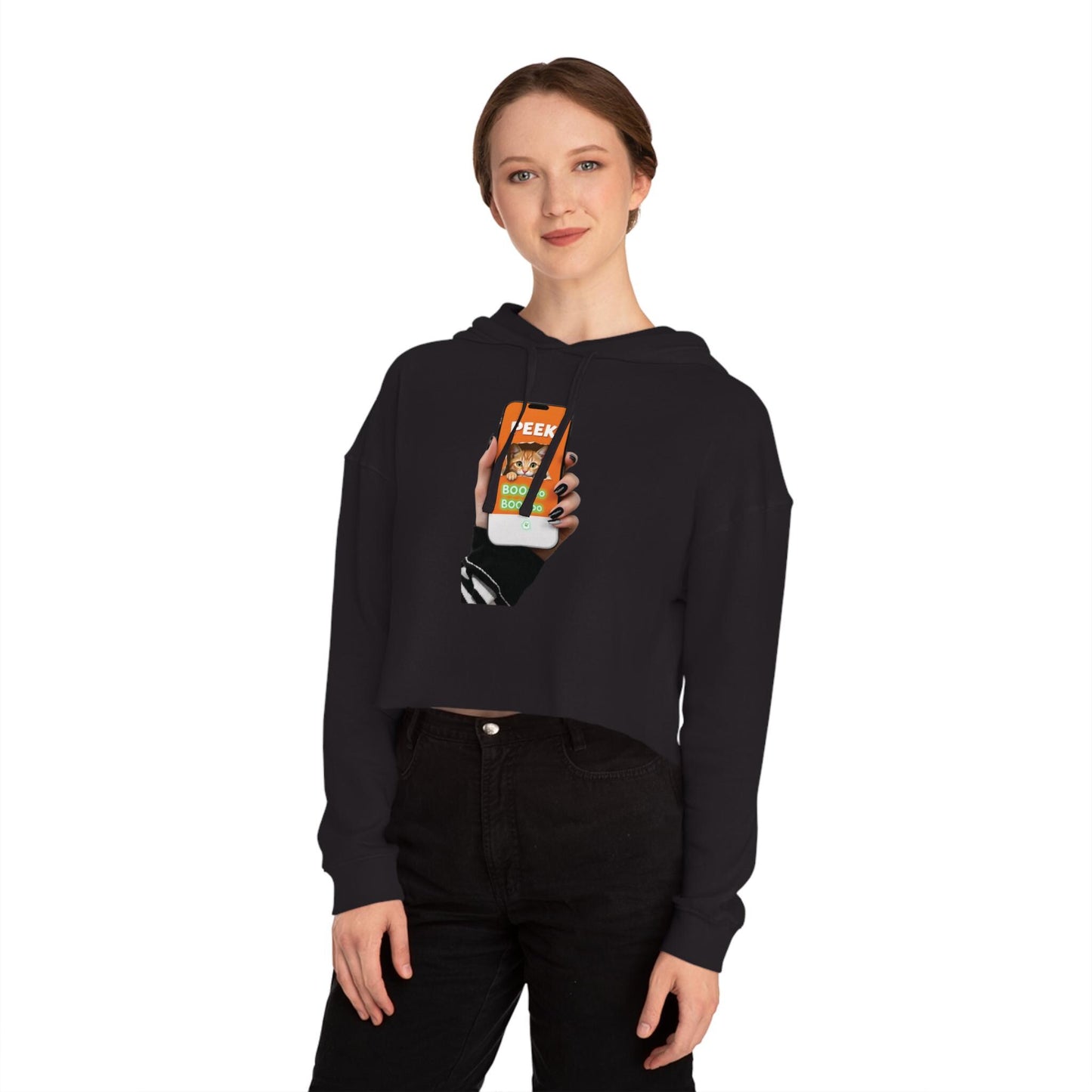 Glow-in-the-Dark Peek-a-Boo Cat Cropped Hoodie: Spooky Halloween Sweatshirt