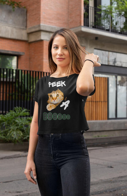 Spooky Cat Crop Tee: Halloween Women's Top, Gift for Cat Lovers
