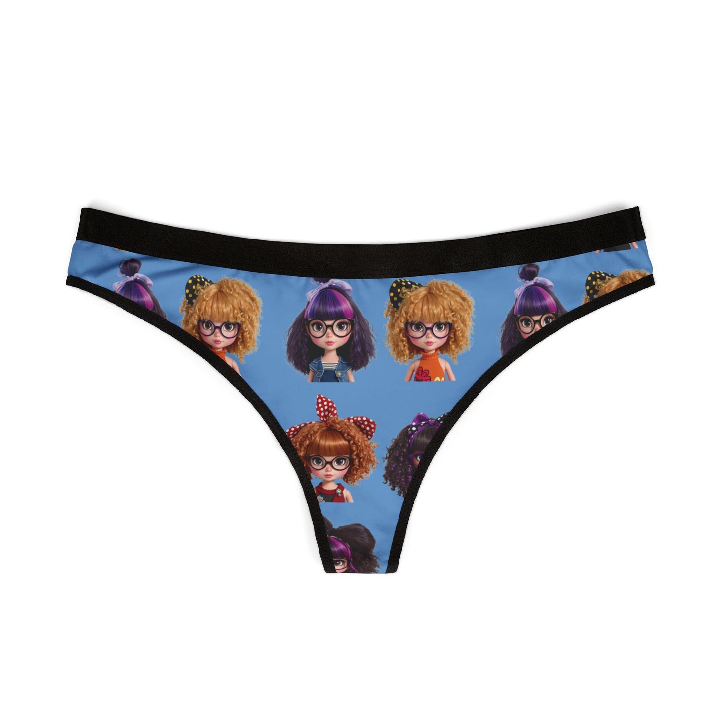 Kawaii Doll Print: Cute Nerdy Girls Thong, Trendy Dolls, Big Hair Short Glasses, gift for her.
