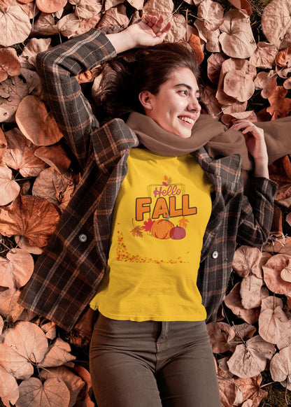 Hello Fall T-Shirt: Unisex Heavy Cotton Tee, Autumn Pumpkin Design