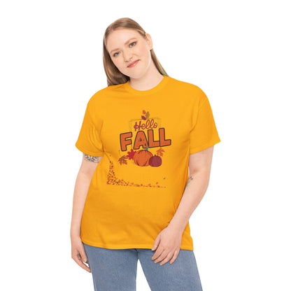 Hello Fall T-Shirt: Unisex Heavy Cotton Tee, Autumn Pumpkin Design