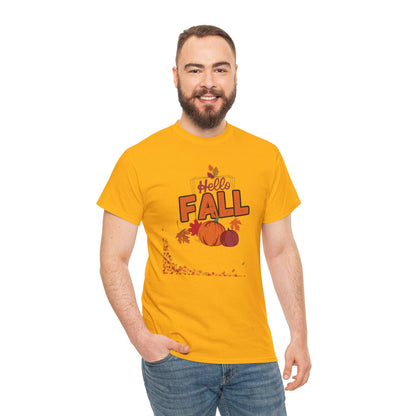 Hello Fall T-Shirt: Unisex Heavy Cotton Tee, Autumn Pumpkin Design