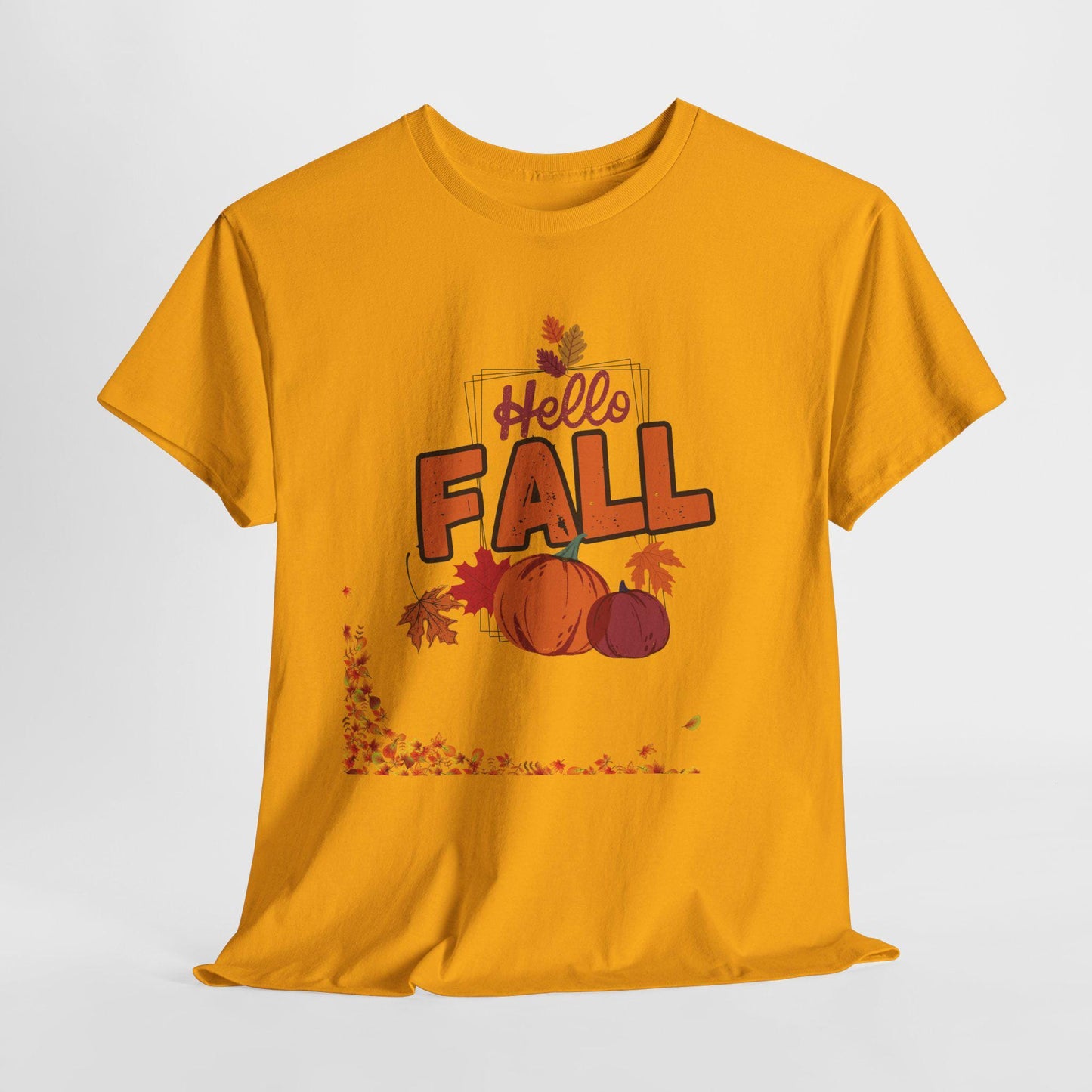 Hello Fall T-Shirt: Unisex Heavy Cotton Tee, Autumn Pumpkin Design