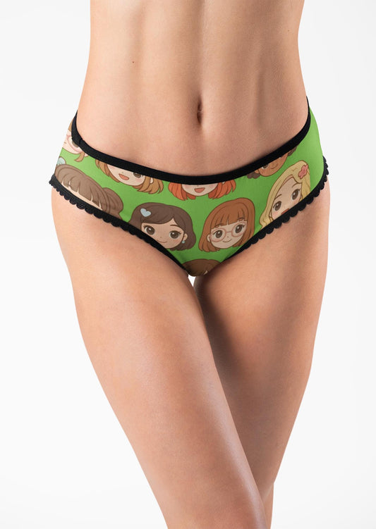 Kawaii Anime Girl Panties: Cute Green Cartoon Underwear for Women | Comfy Front & Back Design