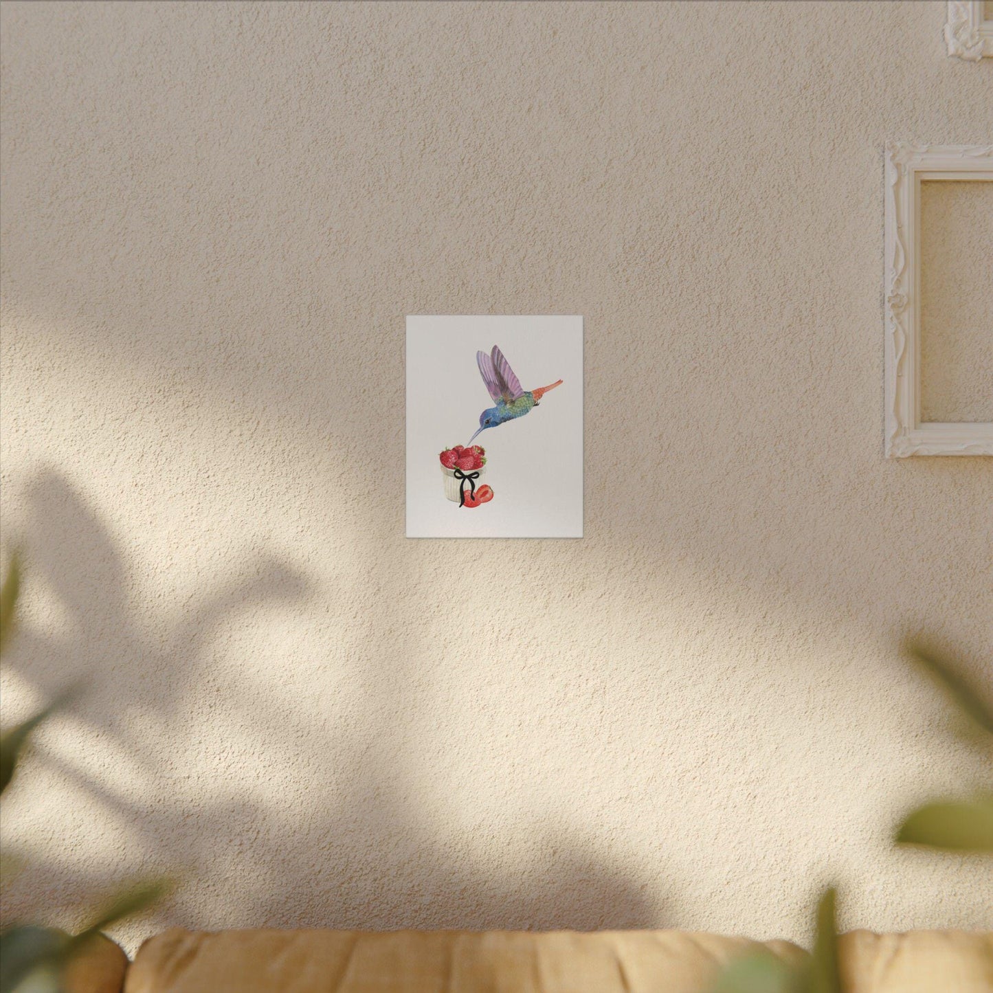 Hummingbird & Strawberries Wall Art. Small, Medium and Large Vertical Canvas Print. Nature Kitchen Decor, Bird and Fruit Watercolor Painting