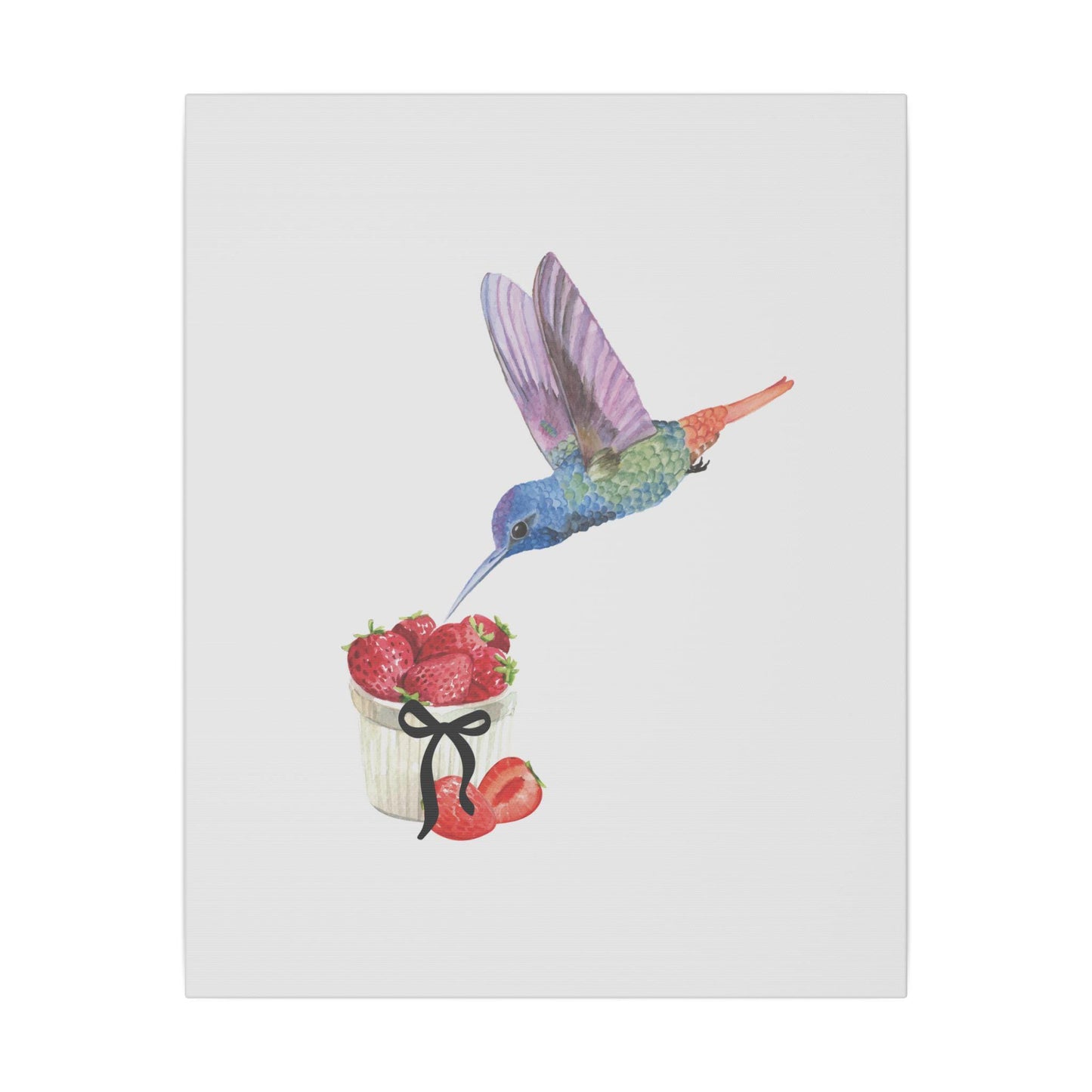 Hummingbird & Strawberries Wall Art. Small, Medium and Large Vertical Canvas Print. Nature Kitchen Decor, Bird and Fruit Watercolor Painting