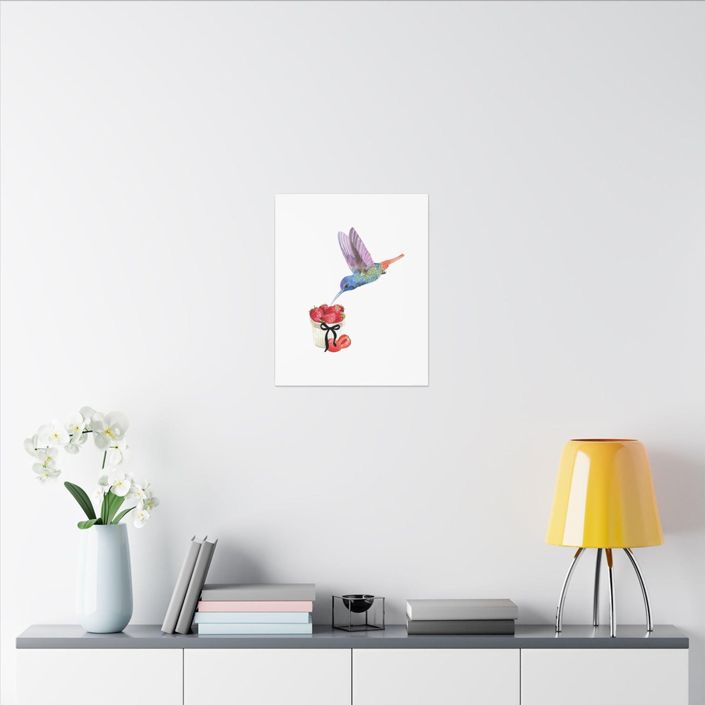 Hummingbird & Strawberries Wall Art. Small, Medium and Large Vertical Canvas Print. Nature Kitchen Decor, Bird and Fruit Watercolor Painting