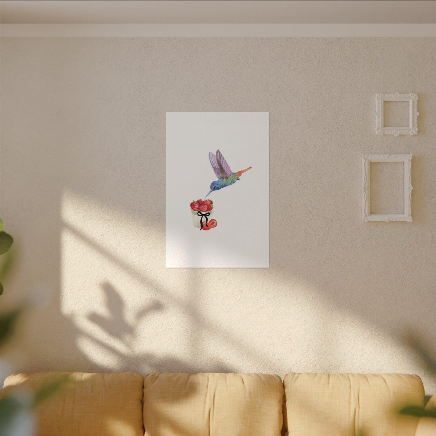 Hummingbird & Strawberries Wall Art. Small, Medium and Large Vertical Canvas Print. Nature Kitchen Decor, Bird and Fruit Watercolor Painting