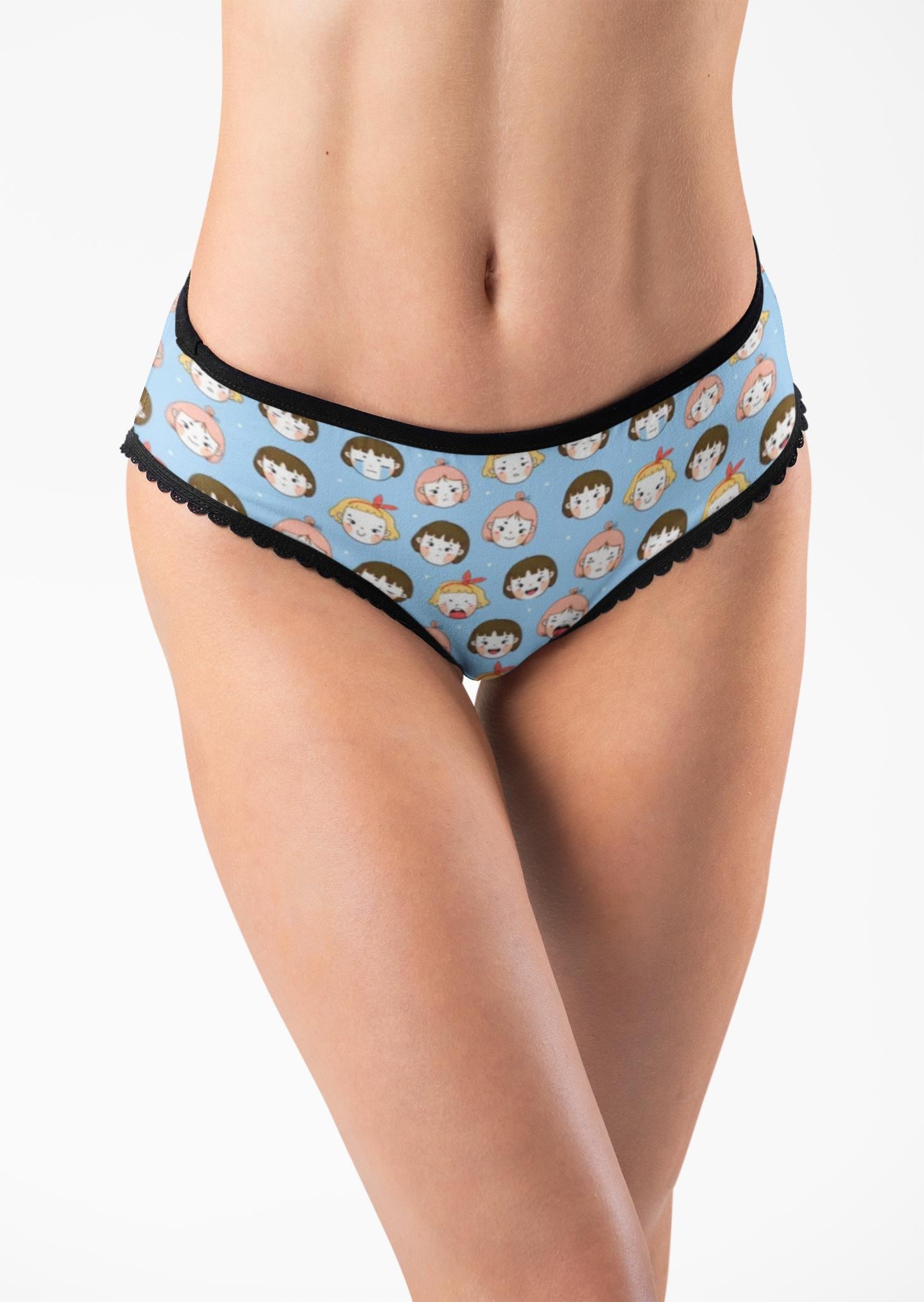 Kawaii Anime Face Briefs: Blue Cartoon Panties for Quirky Cosplay, Otaku Gift, Expressive Underwear