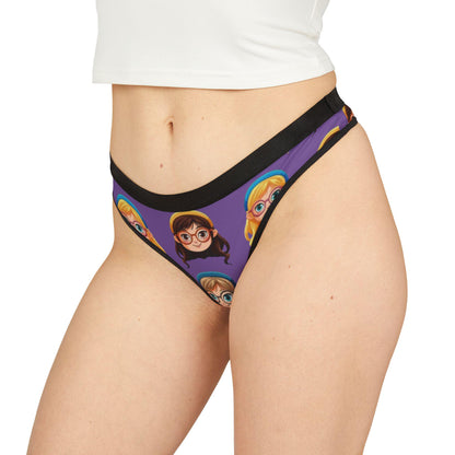 Playful Anime-Inspired Purple Thong: Cute Glasses Girl Print, Geeky Kawaii Lingerie Gift for Otaku