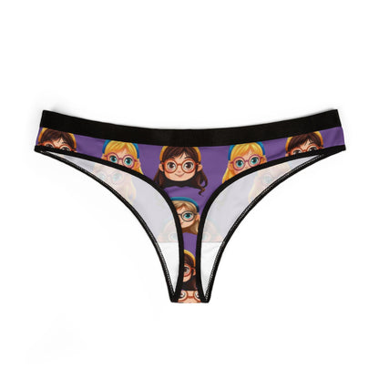 Playful Anime-Inspired Purple Thong: Cute Glasses Girl Print, Geeky Kawaii Lingerie Gift for Otaku