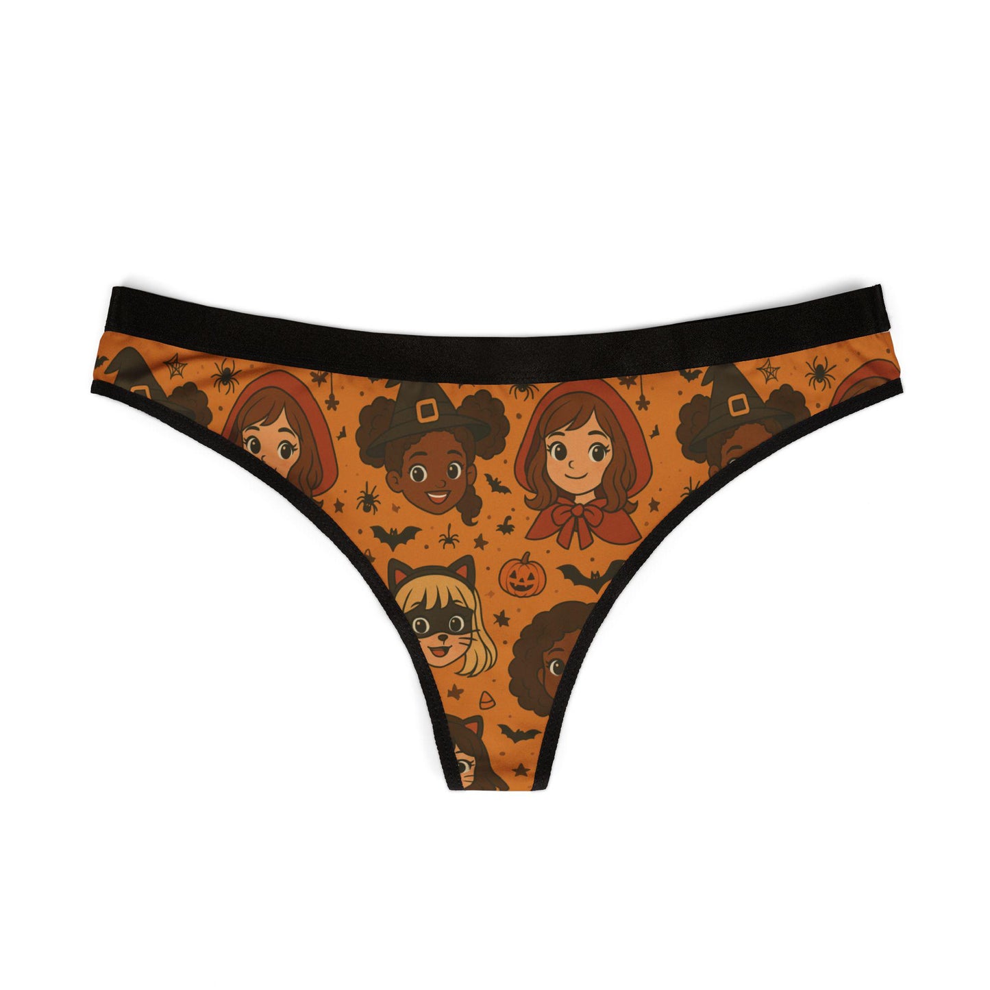 Spooky Cute Halloween Anime Girl Thong - Witchy Cat Costume Print Lingerie for Fun Holiday Flirtation