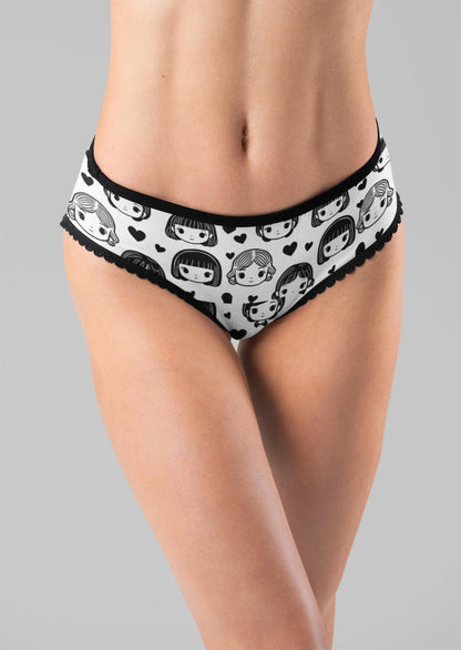 Black & White Anime Girl Thong - Kawaii Chibi Panties with Hearts, Cute Japanese Otaku Lingerie