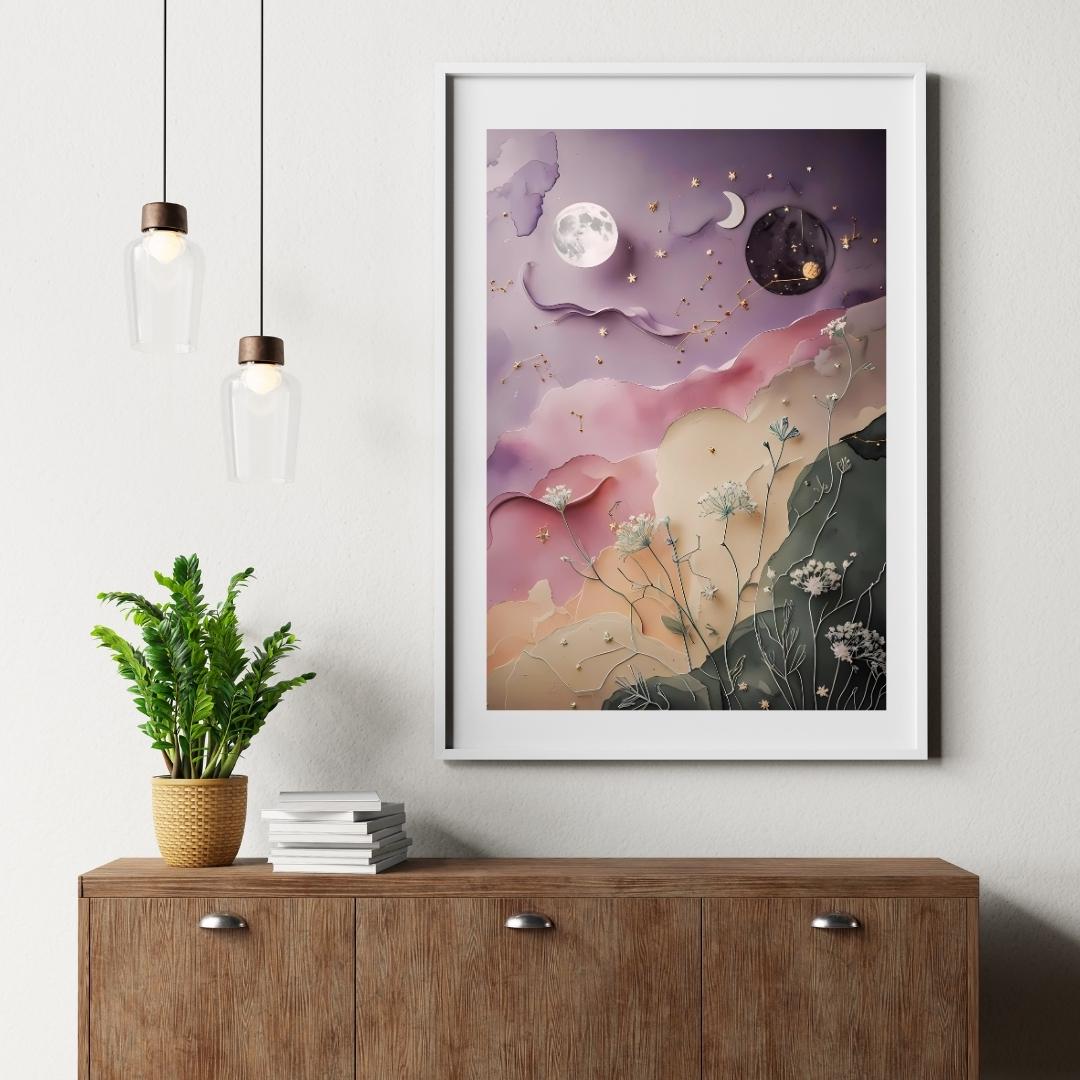 Celestial Botanical Print: Moon, Stars & Flowers (Digital Download)