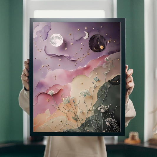 Celestial Botanical Print: Moon, Stars & Flowers (Digital Download)
