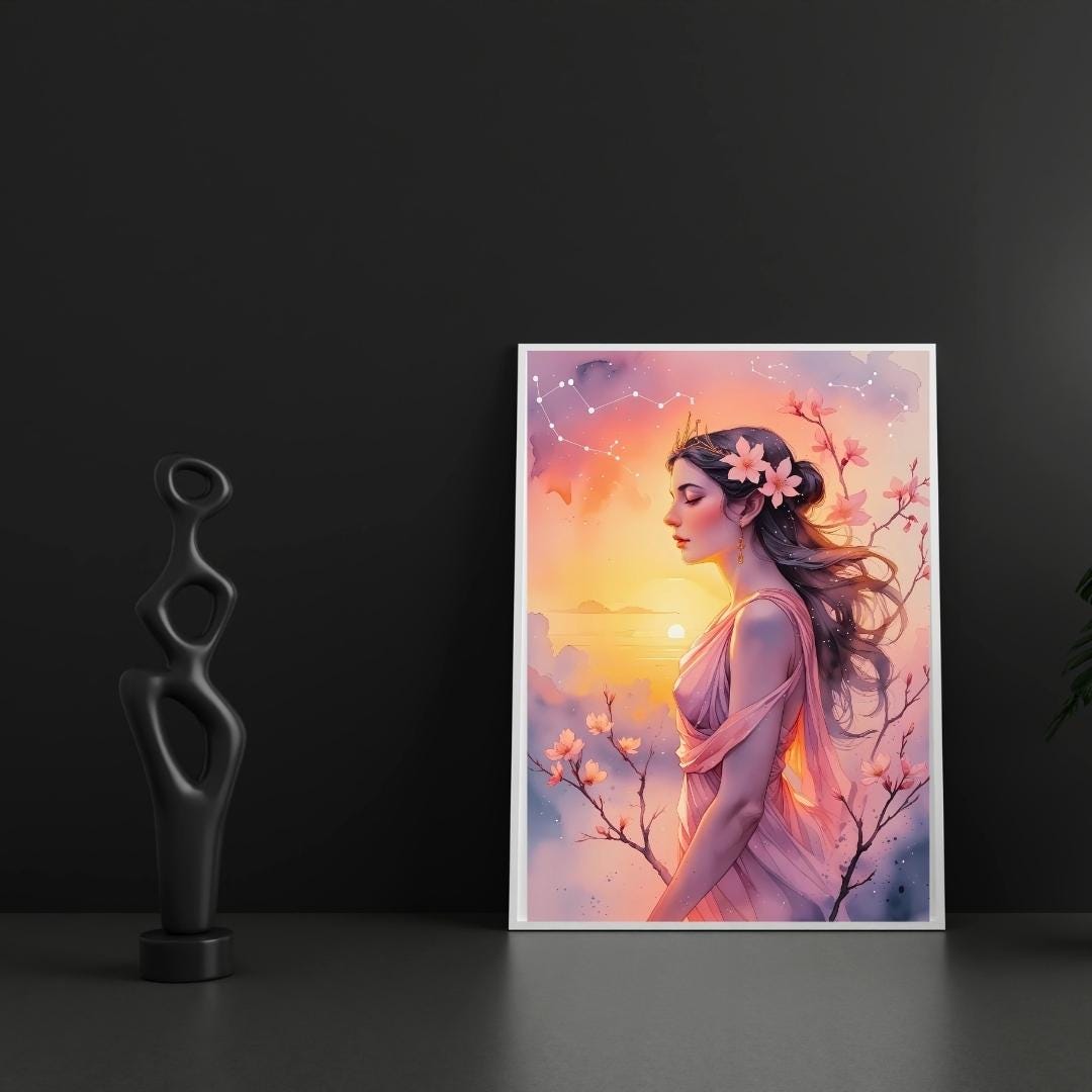 Eos Goddess Sunrise Print: Feminine Floral Mythology Art (Digital Download
