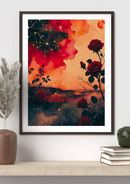 Celestial Ares Mythology Print: Crimson Constellations with Red Moon and Roses Digital Download