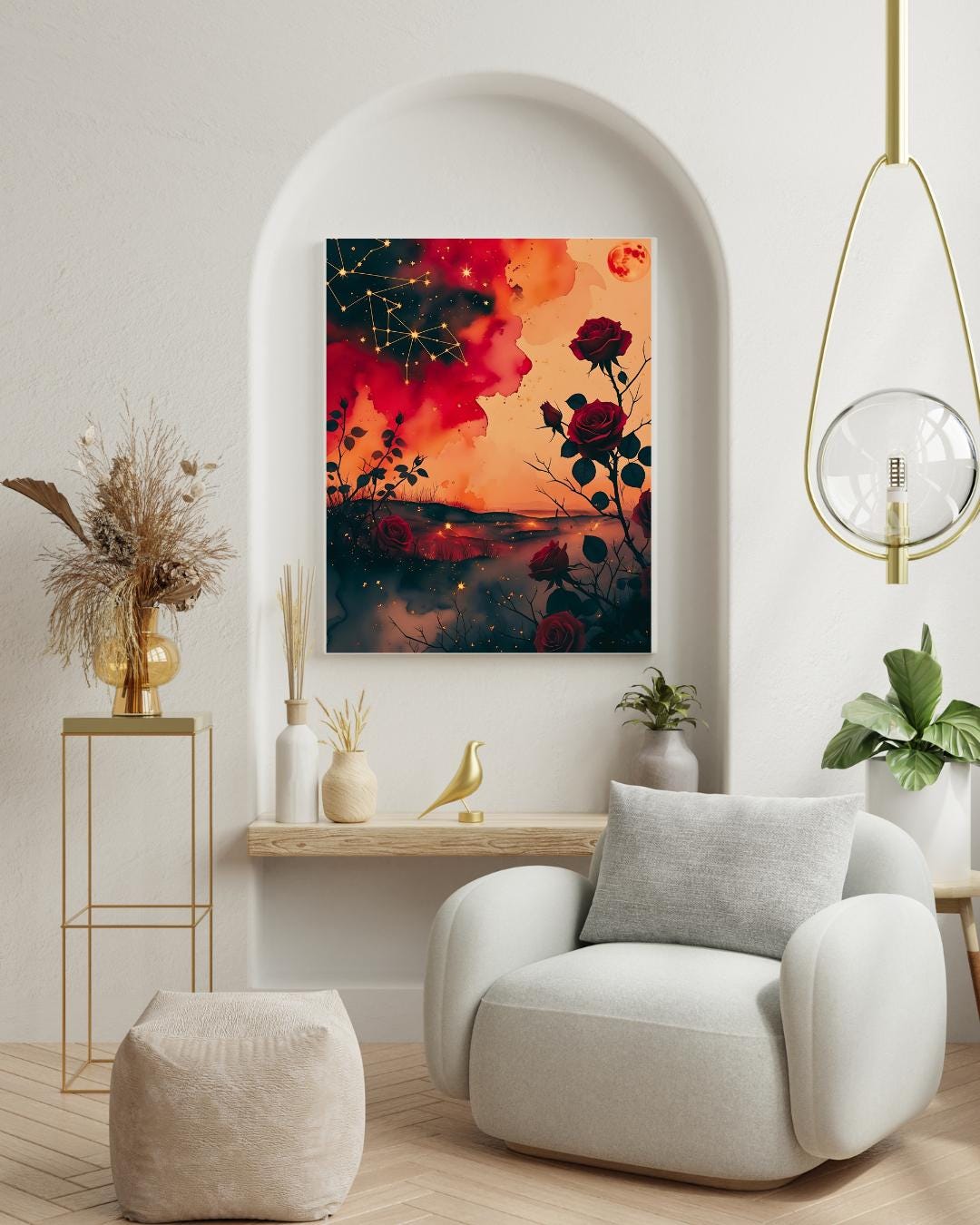 Celestial Ares Mythology Print: Crimson Constellations with Red Moon and Roses Digital Download