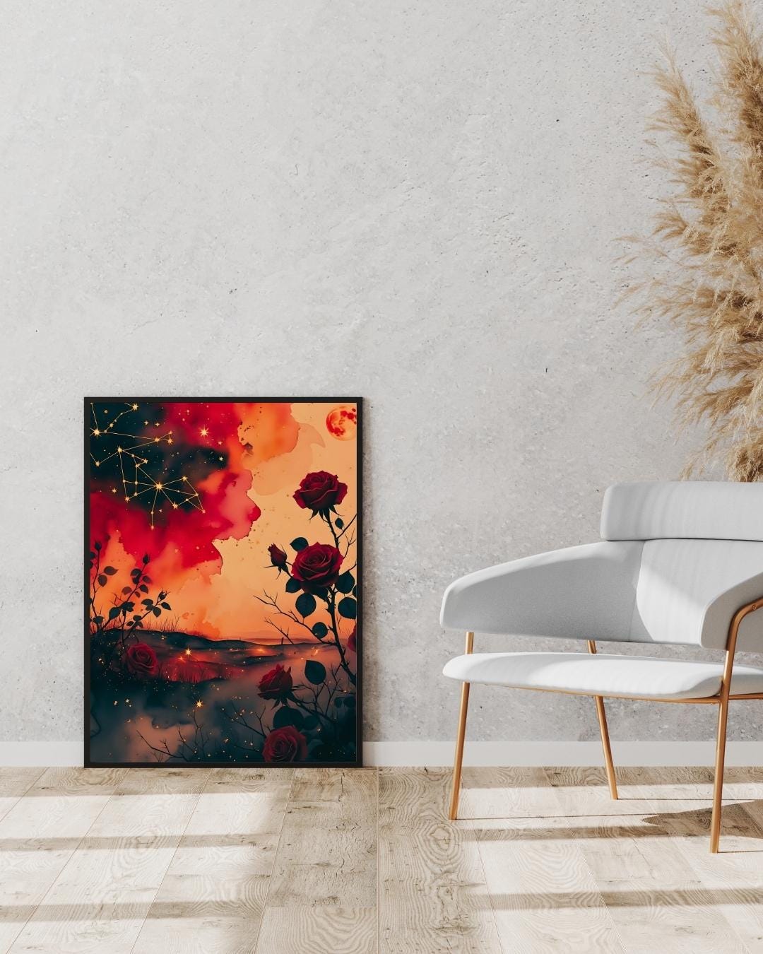 Celestial Ares Mythology Print: Crimson Constellations with Red Moon and Roses Digital Download