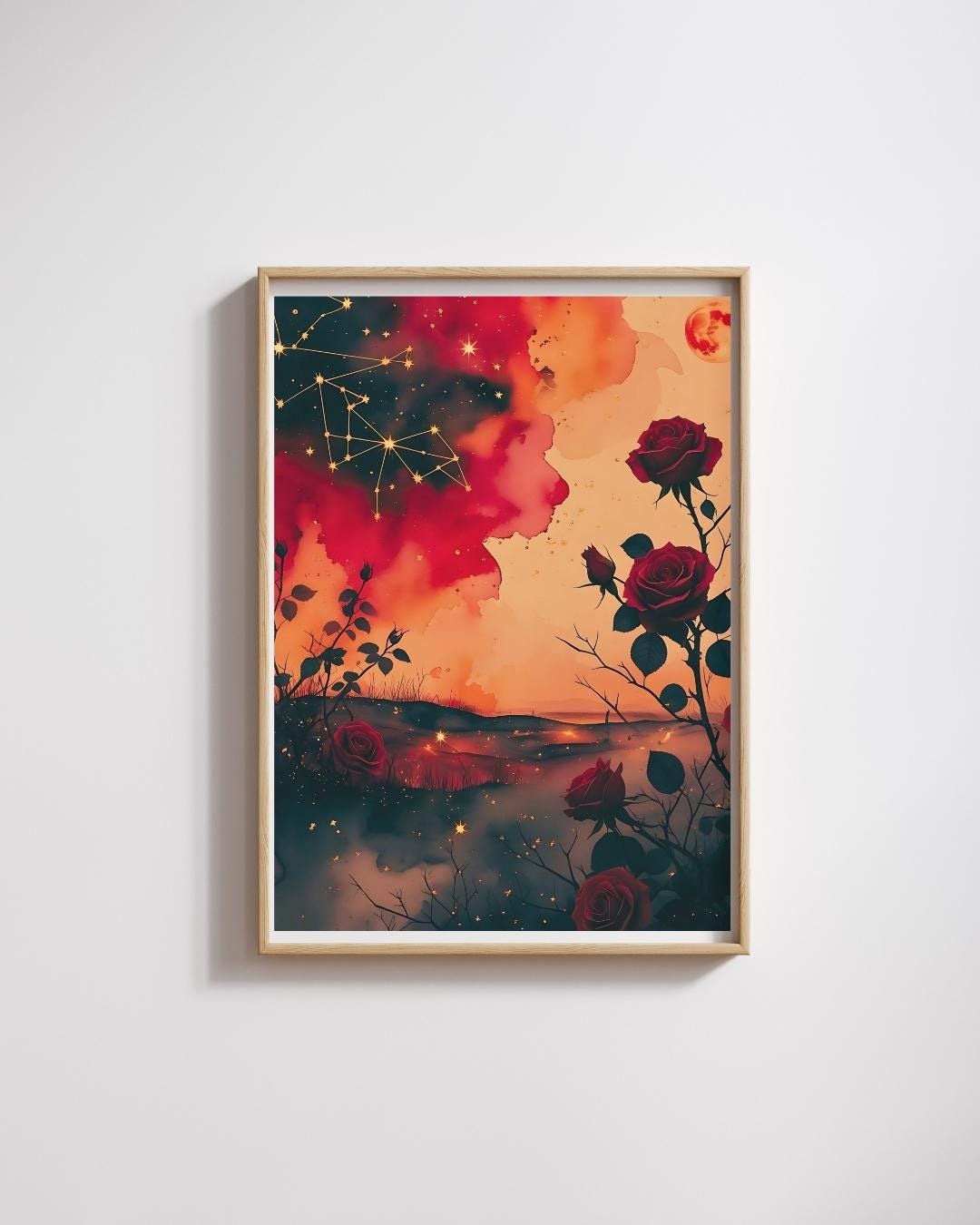Celestial Ares Mythology Print: Crimson Constellations with Red Moon and Roses Digital Download