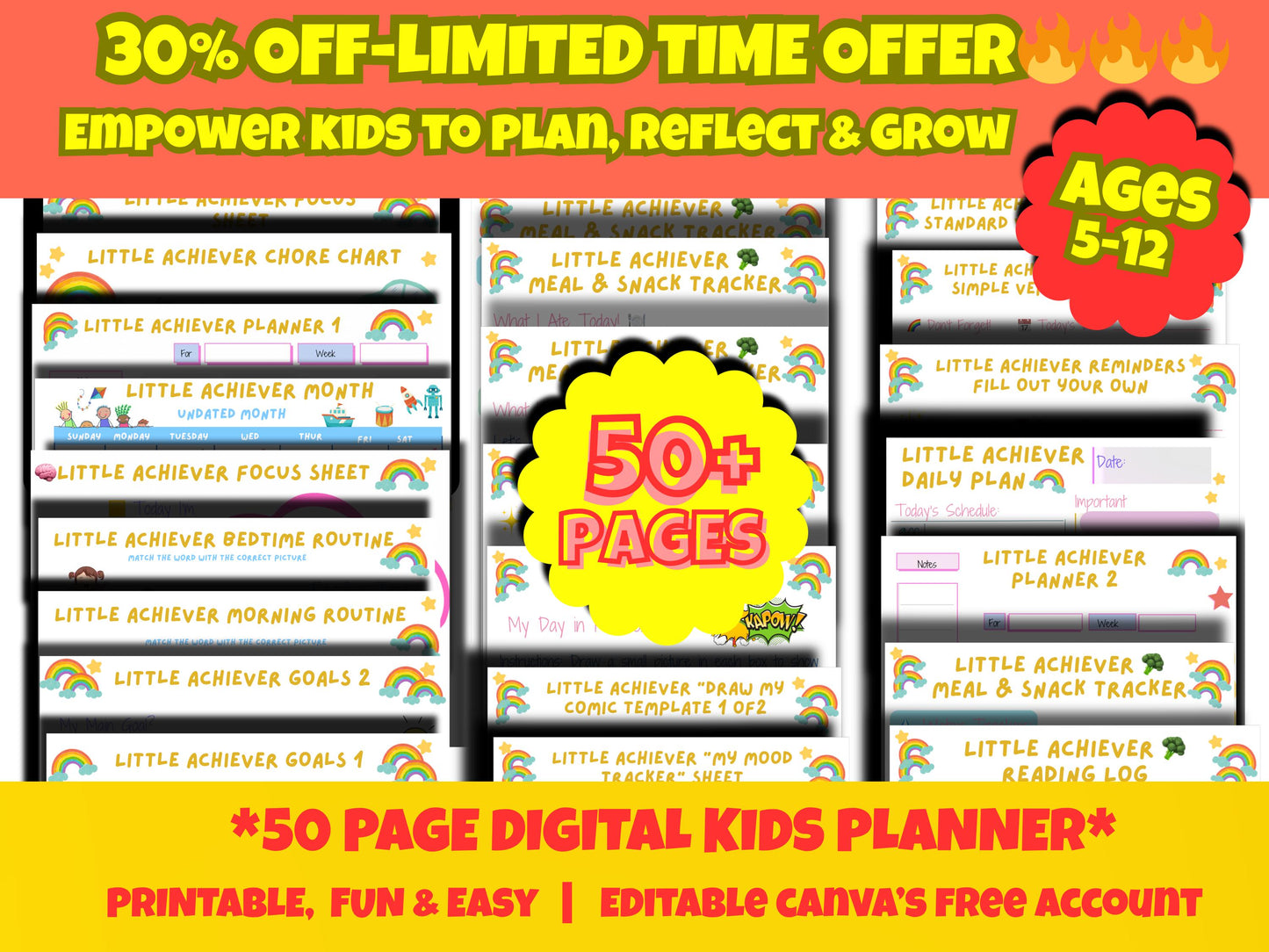 Digital Little Achiever Planner Bundle, 50+ Digital or Printable Templates. Editable Canva Template.