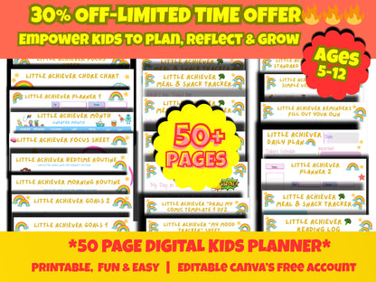 Digital Little Achiever Planner Bundle, 50+ Digital or Printable Templates. Editable Canva Template.