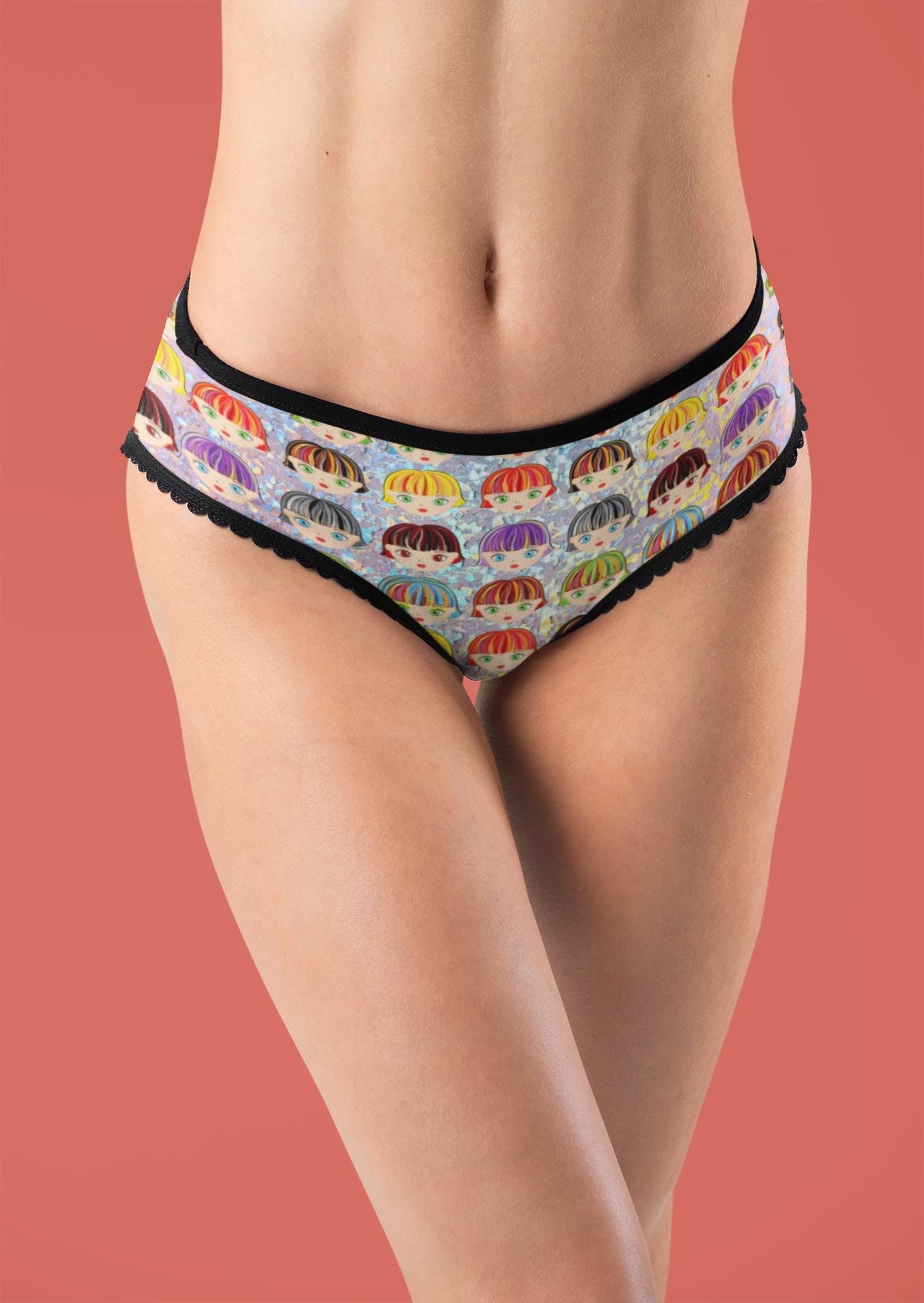 Vibrant Anime Girl Glitter Thong: Kawaii Otaku Lingerie with Colorful Hair Design