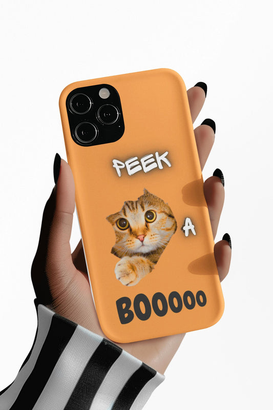 Whimsical Halloween Cat Phone Cover: Peek-a-Boo Orange Feline Design for Pet Lovers