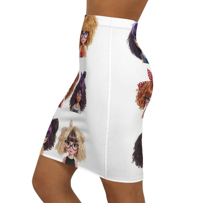 Women Pencil Skirt Kawaii Doll Print, Cute Skirt for Fashion Lovers, Trendy AOP Skirt, Big Hair Short Glasses, Cute Nerdy Girls Gift,