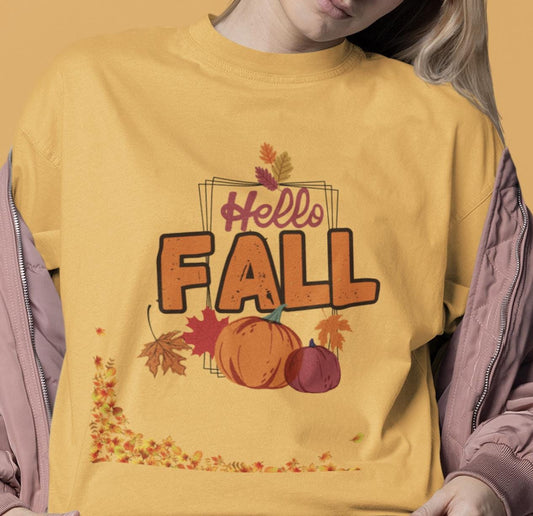 Hello Fall T-Shirt: Unisex Heavy Cotton Tee, Autumn Pumpkin Design