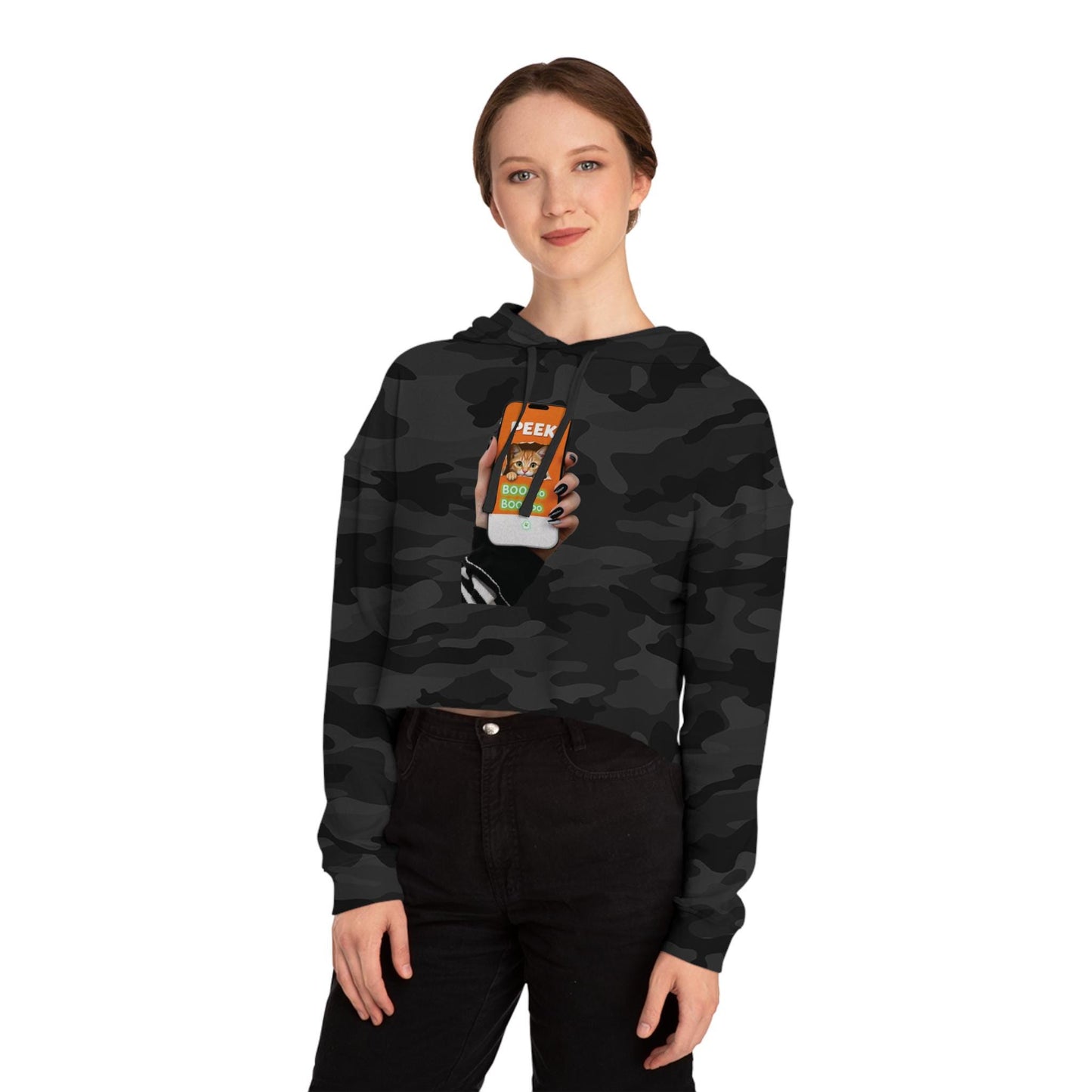 Glow-in-the-Dark Peek-a-Boo Cat Cropped Hoodie: Spooky Halloween Sweatshirt