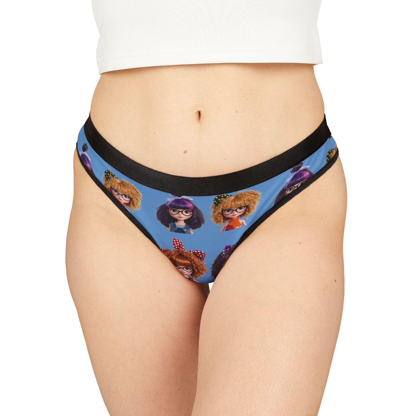Kawaii Doll Print: Cute Nerdy Girls Thong, Trendy Dolls, Big Hair Short Glasses, gift for her.